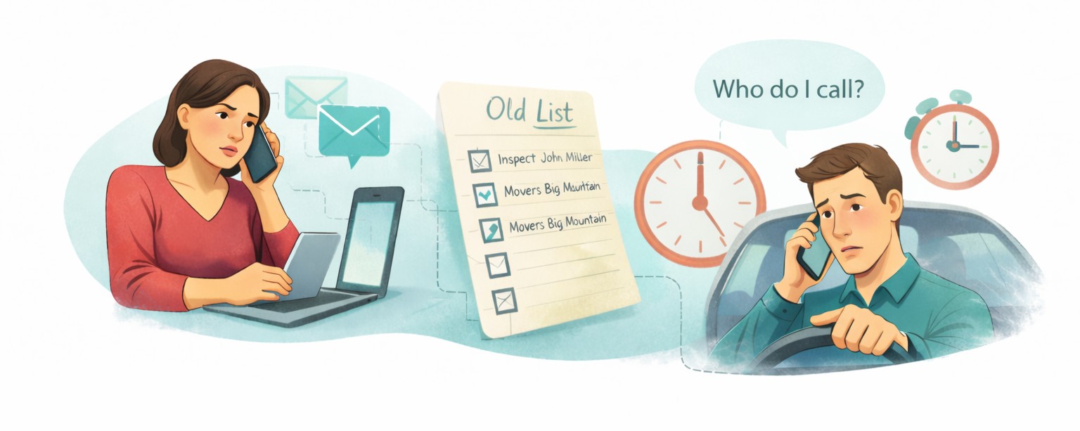 Illustration: messy referrals across texts and emails